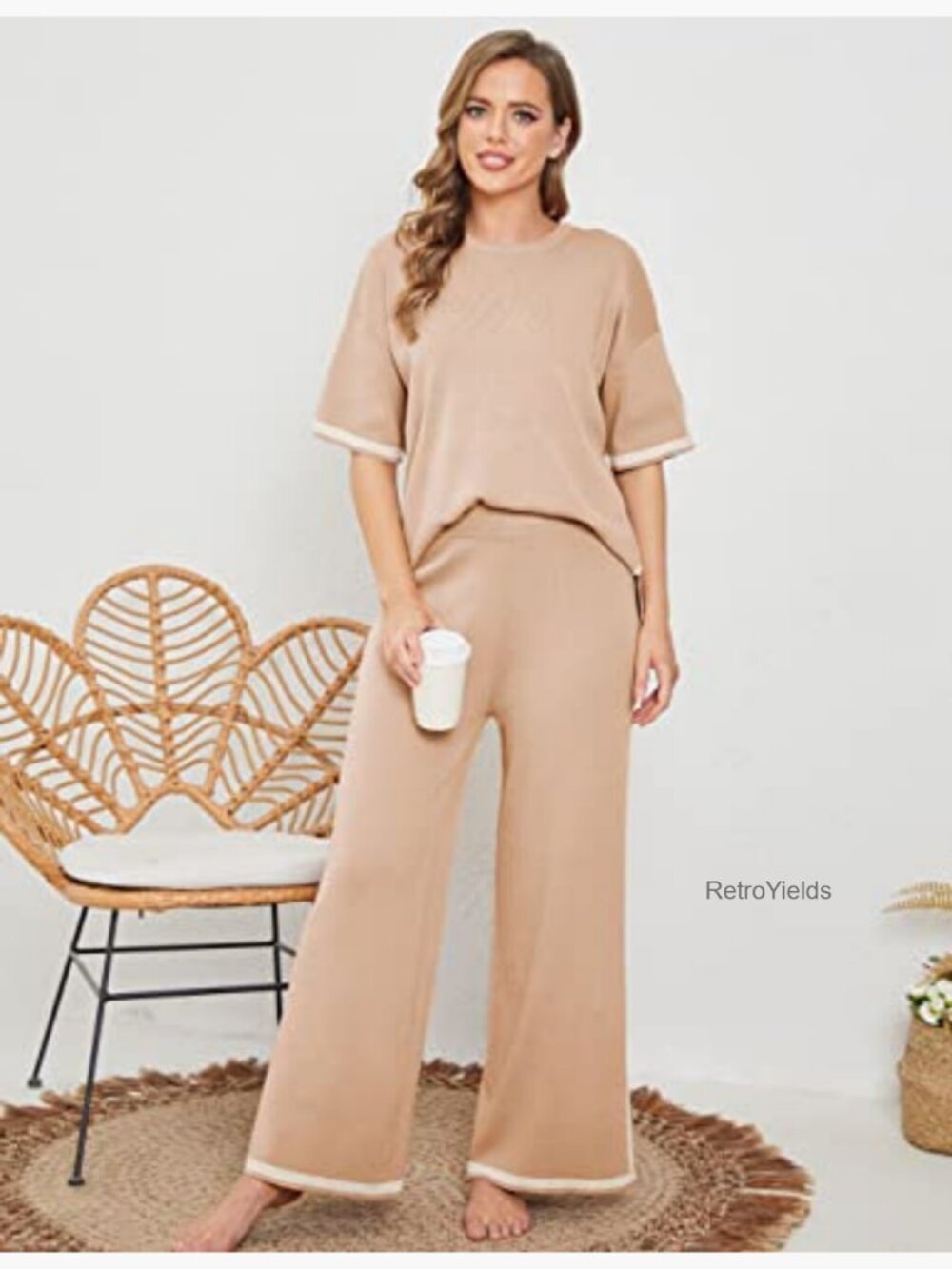 Women's 2-Piece Lounge Set Short Sleeve Knit Pullover Wide Leg Pants - Picture 4 of 7